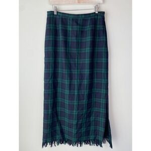 Vintage Womens 100% Wool‎ Plaid Maxi Skirt 12 Blue Tartan Slit Academia Fringe